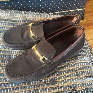 Vintage Salvatore Ferragamo brown suede loafers with gold horsebit